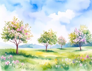 桜の咲く野山の風景（AI生成画像）