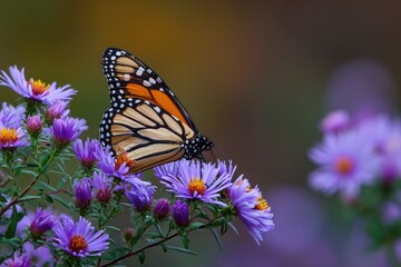Monarch butterfly perched on vibrant purple wildflowers in natural light