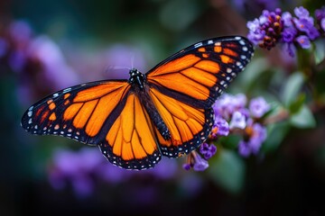 Monarch butterfly with open wings on purple flower blossoms detailed view