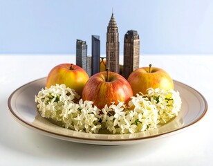 Apples, flowers, and miniature city on a plate