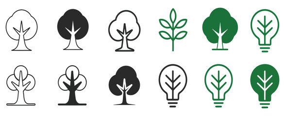 eco friendly energy icon set with tree and light bulb vector symbols for sustainability renewable energy green innovation and environmental awareness design.
