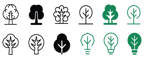 eco friendly energy icon set with tree and light bulb vector symbols for sustainability renewable energy green innovation and environmental awareness design.
