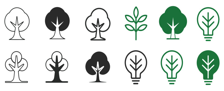 eco friendly energy icon set with tree and light bulb vector symbols for sustainability renewable energy green innovation and environmental awareness design. - Powered by Adobe
