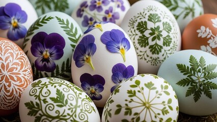 This set of Easter eggs, decorated with real dried flowers and green leaves, is perfect for Easter greeting cards, spring holiday blogs, website banners, and craft workshops.