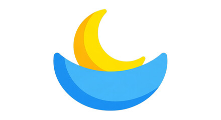 Bright crescent moon floating peacefully on a calm blue wave under a white sky.