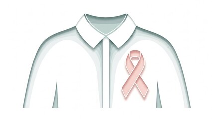 Minimalist medical illustration of a pink cancer ribbon on shirt, soft pastel colors, representing World Cancer Day awareness and support