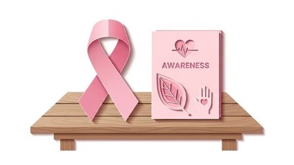 Minimalist paper cutout pink ribbon and awareness leaflet on wooden table, World Cancer Day representation in soft pastel colors, calm and hopeful mood