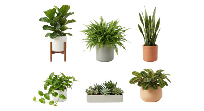 Group of six diverse potted houseplants arranged in a grid