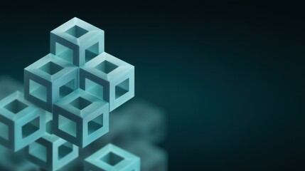 Fototapeta premium Abstract 3D geometric shapes in teal color with transparent frames, creating a visually intriguing pattern and depth on a dark background