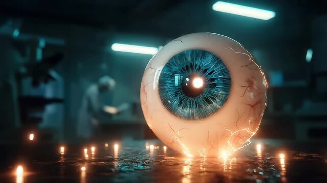 Giant human eye with blue iris on wet surface with lights