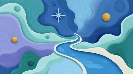 Abstract landscape with flowing river, soft curves, vibrant colors, textured shapes, and celestial elements creating a dreamy and serene environment