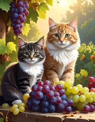 Two cats and grapes in a garden