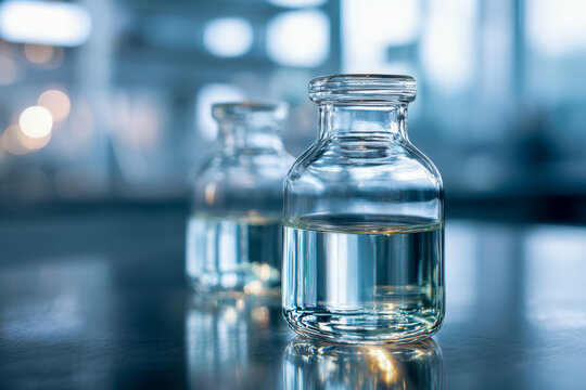 Two transparent glass vials filled with clear liquid on reflective surface with blurred laboratory background and soft natural lighting effects