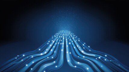 Abstract digital wave of glowing lines leading into a dark blue background, representing technology, data flow, and digital connectivity concepts in design