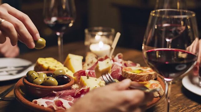 Close up of appetizer platter with cheese olives and bread served with red wine inviting culinary scene