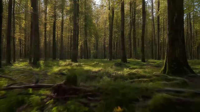 Gliding through a sunlit spring forest at ground level. Cinematic forward movement over lush green grass and moss. The beauty of nature and exploration