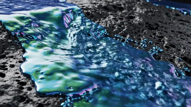 Iridescent liquid metal flows in mesmerizing patterns over a dark, textured stone substrate