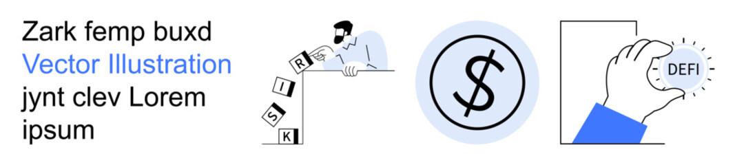 Obraz premium Risk management, financial strategy, decentralized finance, economics, personal investment, digital assets. Man handling risk blocks, dollar symbol and hand holding defi token. Risk management