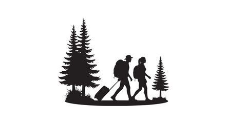 Silhouetted travelers embarking on an outdoor adventure through a serene forest landscape