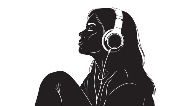 A serene silhouette of a woman engrossed in music through headphones, looking up thoughtfully