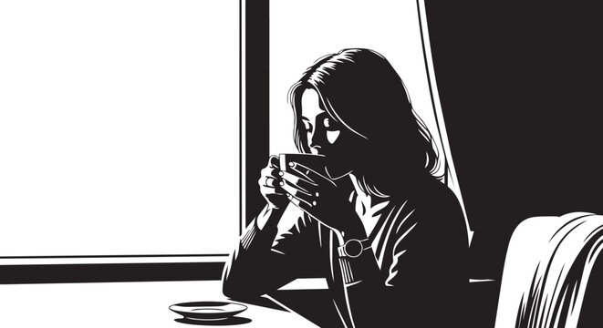 Silhouette of a woman enjoying a peaceful moment, sipping a warm beverage by the bright window