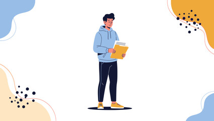 Young man reading a book while standing against a colorful abstract background