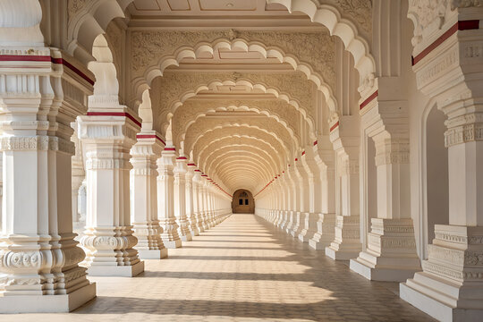 Abstract Rameswaram Temple corridor, repeating columns, white background