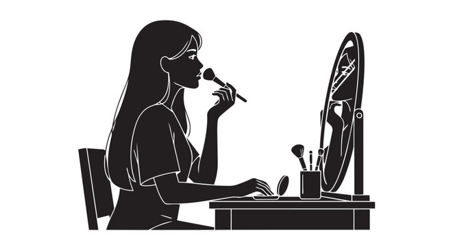 Young woman applying makeup with a brush while looking in the mirror at her vanity table