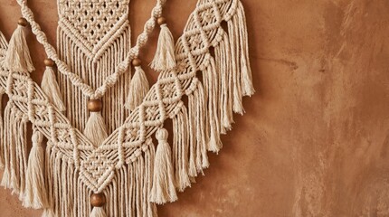 traditional macrame wall art on a textured concrete wall