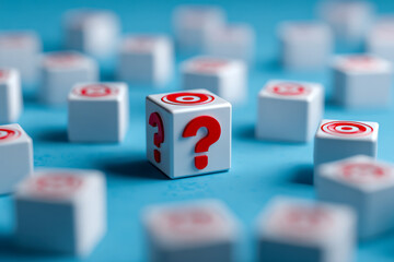 White cubes with red question marks and target symbols scattered on a blue surface representing uncertainty, decision making, and goal setting concepts