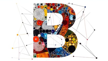 Bold "B" filled with colorful circular patterns, connected by network lines on white