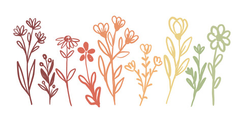 Hand drawn floral doodle illustration with wildflowers and leaves in soft pastel earth tones on white background. Minimal botanical line art for spring, nature design, cards, prints and decor.