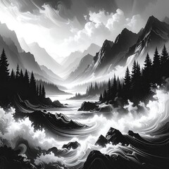Monochromatic mountain landscape with turbulent water