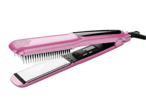 Pink electric hair straightening brush comb isolated on transparent background