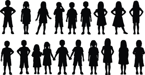 Silhouettes of 18 children in two rows, diverse poses, casual clothing, unity, childhood, black vector, educational, inclusive design