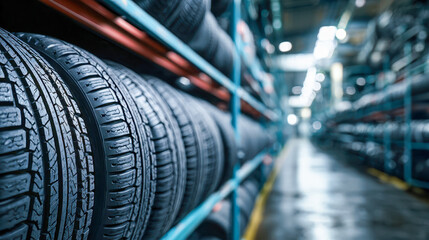 Stacked rows of new black rubber tires organized on metal racks inside an automotive warehouse or tire storage facility with industrial lighting above