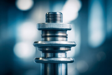 Industrial metal machine component with threaded sections and flanges highlighted against a blurred background for technical or mechanical themes