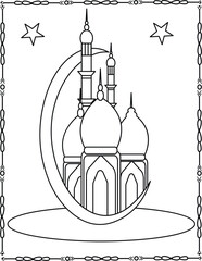 Islamic Mosque Line Art with Crescent Moon and Stars, Ramadan, Eid Illustration. Mosque Miner Coloring Page For Kids And Adults. 