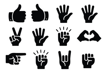 Fototapeta premium Hand gestures vector icons set with thumbs up, love heart, victory, fist, clap, peace, rock, and wave signs, flat vector silhouettes for communication, social media, and digital design.
