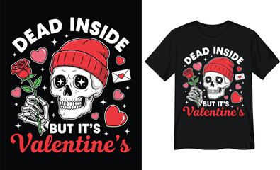 Fototapeta premium Dead Inside But It’s Valentine’s Skeleton Skull with Red Beanie and Rose