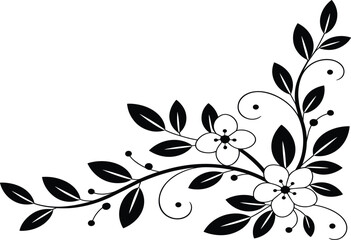 Elegant floral corner ornament vector, black and white vine border with flowers and leaves for wedding invitation design © MdMajnur
