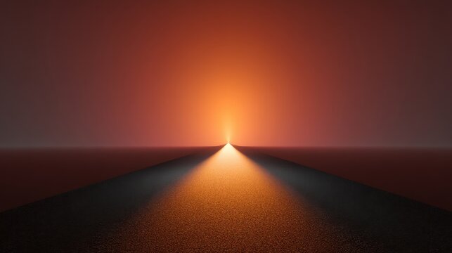 Abstract landscape with a road leading towards a glowing horizon, featuring a gradient sky and serene atmosphere of twilight and dawn