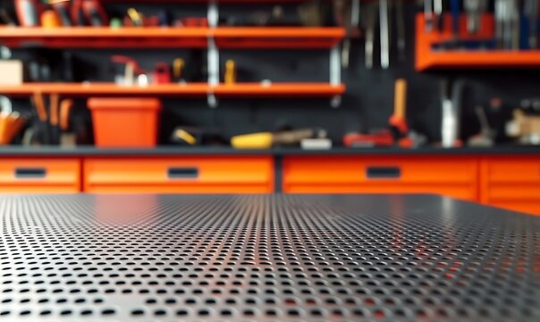 Perforated metal surface in workshop with orange cabinets and tools in background