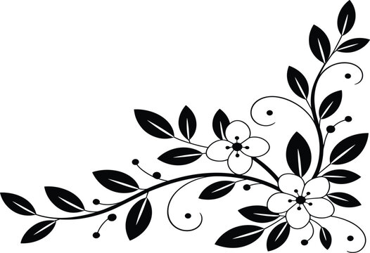 Elegant floral corner ornament vector, black and white vine border with flowers and leaves for wedding invitation design