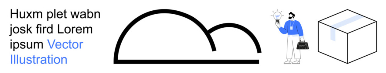 Business, creativity, development, minimalism, geometry, professional. Black curved line forms, a figure holding a light bulb and briefcase and a 3D cube. Business and creativity concept © robu_s