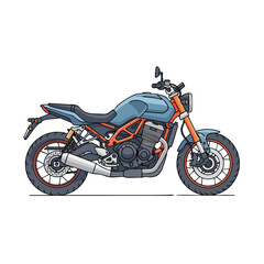 A side view of a stylized motorcycle with blue body, orange frame, and black tires