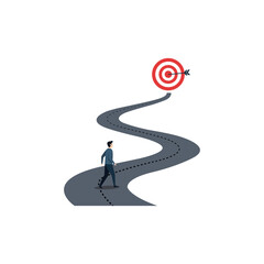 Man Walking on a Curved Path Toward a Target Symbolizing Focus, Goals, Direction, Success, and Personal Growth Ambition and focus, man walking on winding path leading to bullseye target, success,
