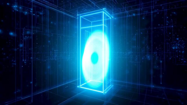 Glowing cyan oval portal enclosed by a transparent wireframe cube inside a dark digital room