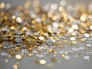 Sparkling gold and silver metallic confetti circles scattered on a surface with bokeh effect in the background creating a festive and glamorous atmosphere