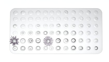 Overhead view of a rectangular, clear, segmented tray, floral accents, white background